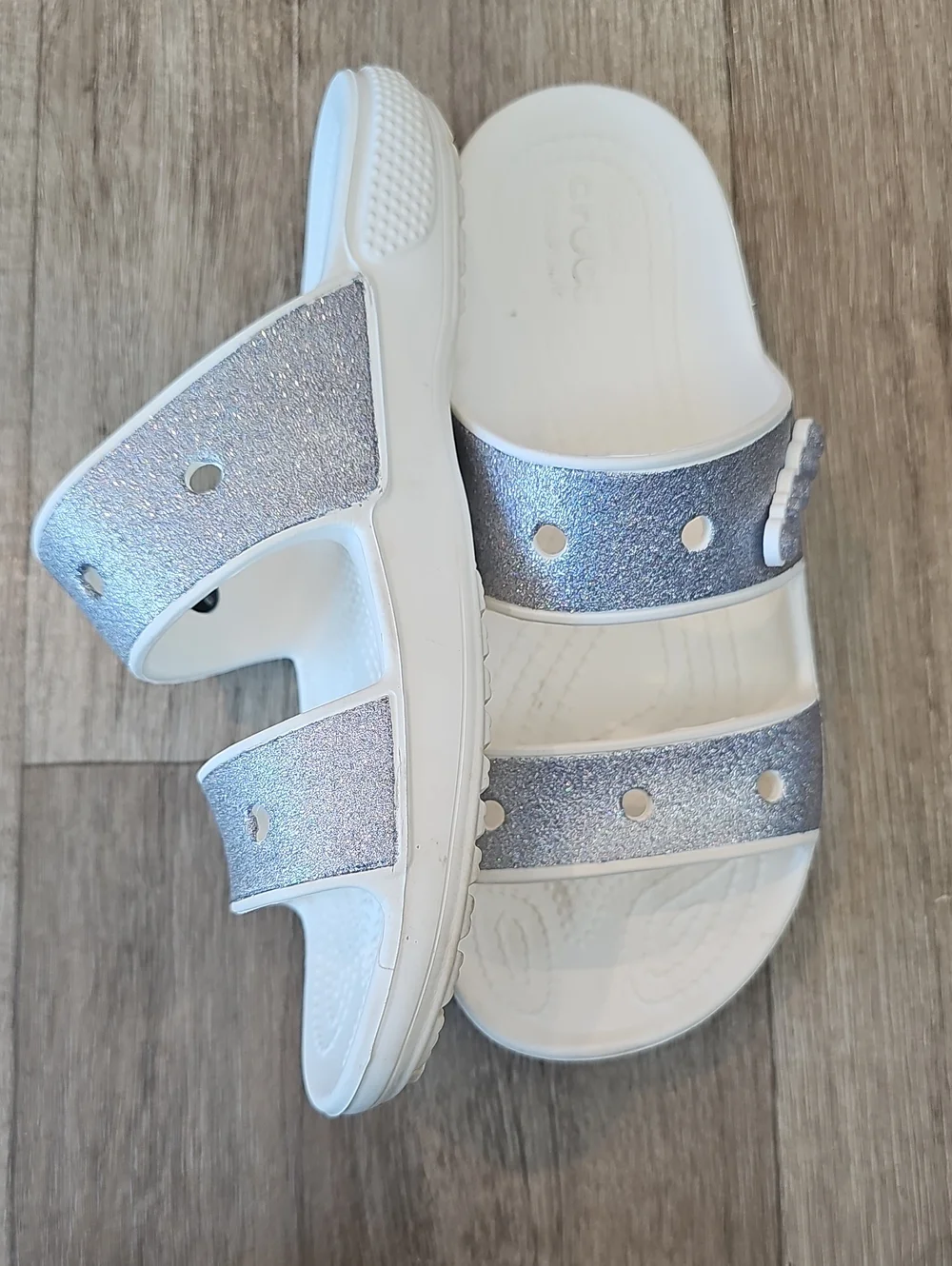 CROCS Kids' Older Girl Size 6 Glitter Double-Strap Slide Sandals.